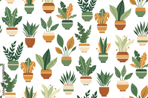 Vector pattern with flat hand drawn house plants in various pots on a white background. Greenhouse. and interior decoration Texture with greenery in flowerpots for wrapping paper, wallpaper.