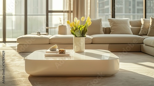 A white coffee table next to a beige sofa  located in the center of the open living room and decorated with light yellow tulips. Sunlight streams in through large windows.