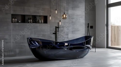 bathroom with dark blue oval shaped glass bathtub with black faucet and chrome fittings on top, gray walls, minimalist interior design in soft light style.