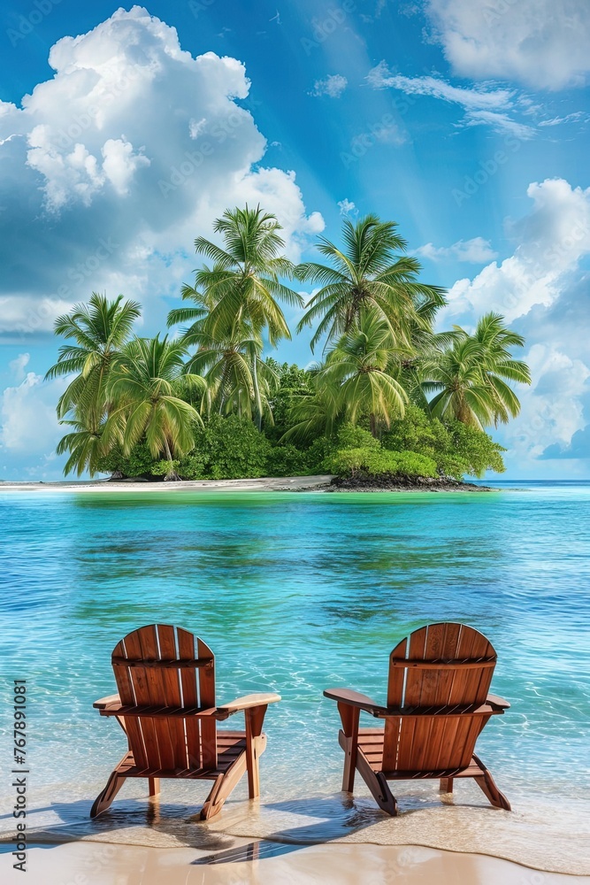 Chairs on a tropical beach with palm trees on a coral island. Relaxing under a palm tree on remote beach. Mockup. Relaxing under palm trees.