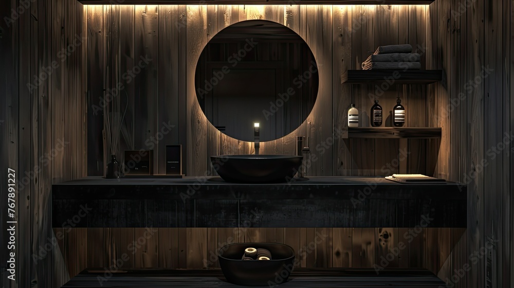 The bathroom is dark wood with an oval mirror, shelves and a black sink in the center. Soft lighting that highlights details such as bronze accents and concrete textures for a luxurious feel. The bathroom is dark wood with an oval mirror, shelves and a black sink in the center. Soft lighting that highlights details such as bronze accents and concrete textures for a luxurious feel.