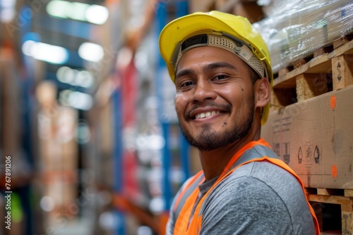 Portrait of male loader in yellow hard hat working at warehouse. Smiling confident freight handler standing inside the huge warehouse. Tall stacks of pallets with cargo in the background. photo