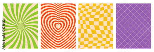 Groovy hippie set of twisting, heart tunnel, psychedelic checkerboard backgrounds. Twisted and distorted texture posters, templates in groovy style. Vector
