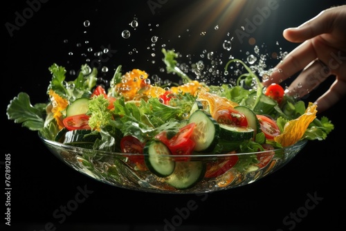A close-up of a hand tossing a fresh salad