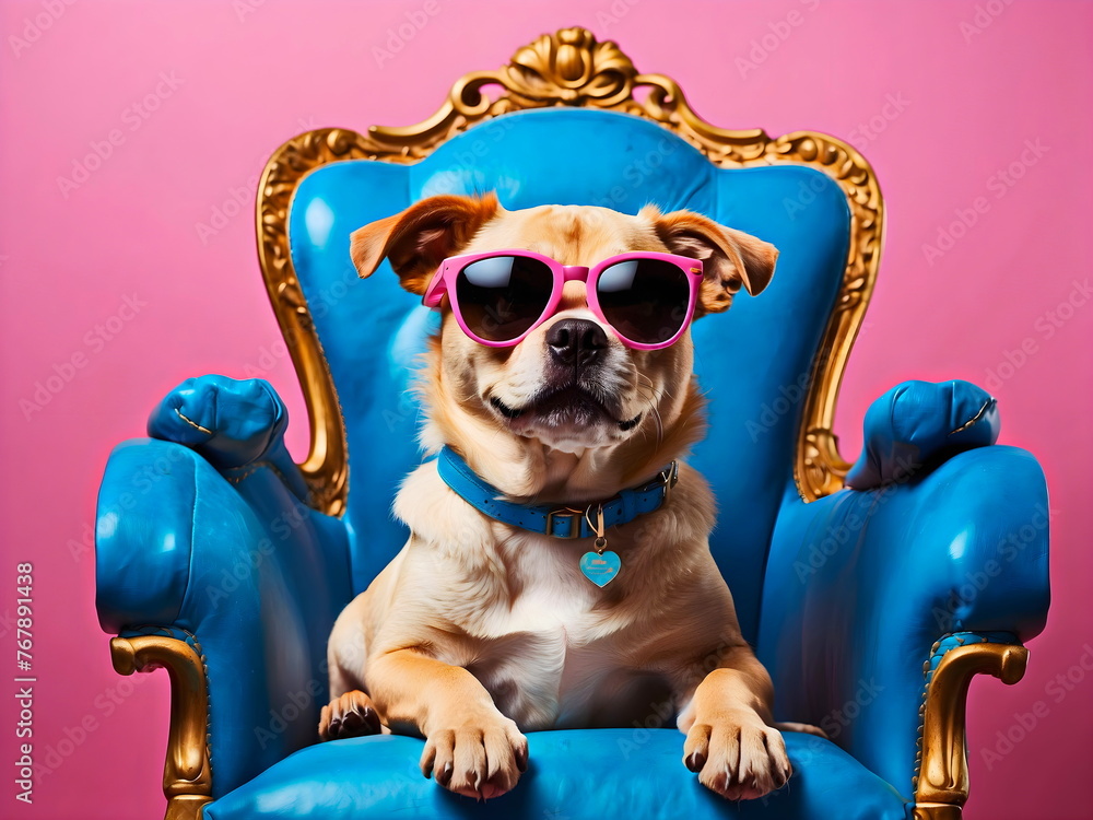 funny dog sitting on chair with sunglasses with blue and pink background generative AI
