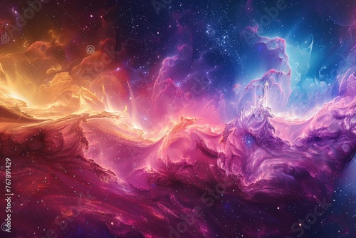Abstract illustration, Colorful space galaxy cloud nebula. Stary night cosmos. Universe science astronomy. Supernova background wallpaper. Contrasting heaven and hell concept art photo