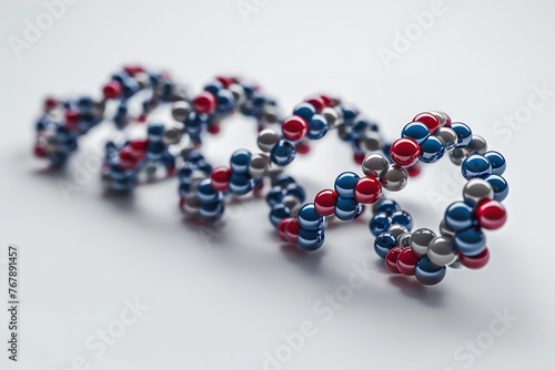 Front and side views of a pill-filled model of a DNA molecule set against a white background and space for text, Generative AI.