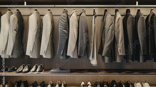 Wallpaper Mural Close-up of a closet: a variety of men's suits and trousers neatly arranged on shelves. The focus is on neutral tones such as gray or beige for both jackets and trousers. Torontodigital.ca