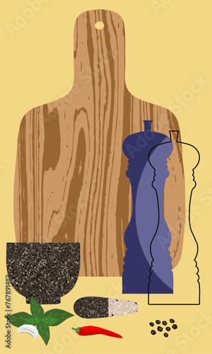 Kitchen accessory designs display. Includes chopping board, pestle and mortar, pepper and salt dispenser.