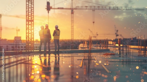 Three engineers are inspecting the construction of a building.