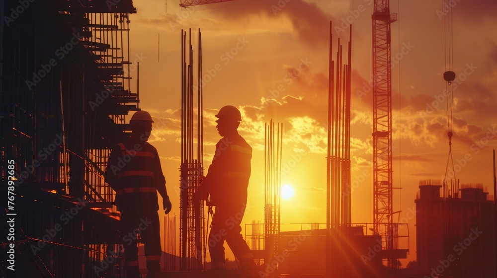 Construction engineer on construction site at sunset