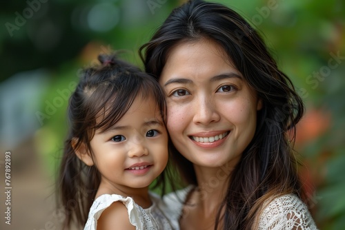 Happy Asian mother with her little daughter in her backyard with a big space for text or product, Generative AI.