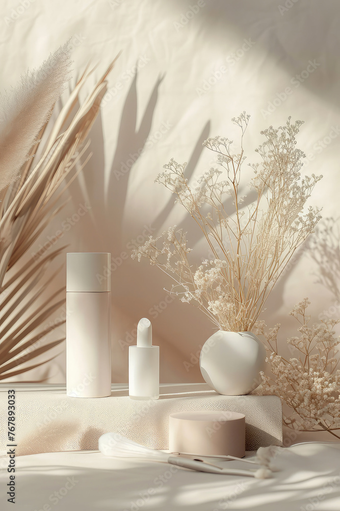 Beige pastel cosmetic mockup. Banner with cream jar, container, serum bottle, dry flowers and leaf. Shadows effect. Skin Care beauty concept. Showcase for product presentation. Generative ai