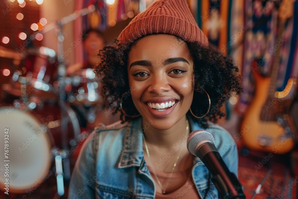 Close-up of young black female indie musician singing on stage. Attractive African American girl performs with her band at a music club. Drum kit and electric guitar in the background.