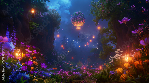 Night scene in a fairytale Easter forest lit by lanterns, bunnies, glowing balloons, Easter eggs, bioluminescent flowers, mystical setting