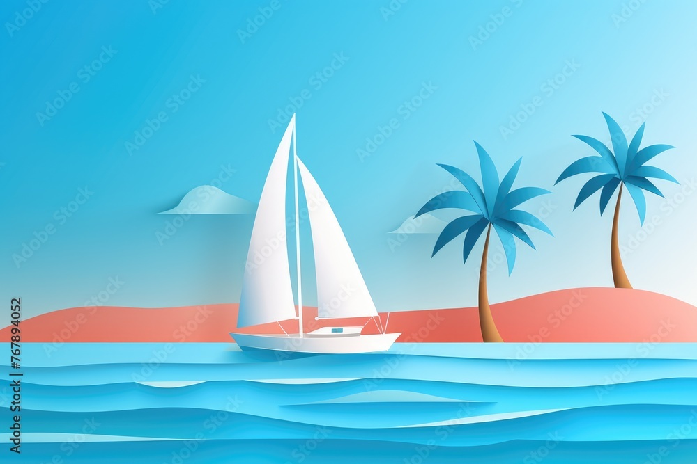 sailboat in tropical seascape paper art illustration