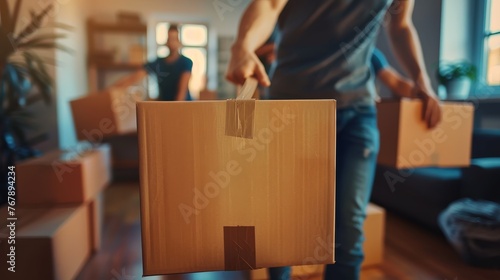 Man moves cardboard boxes into new house © นาย ปริญญา ลัยนันทะ
