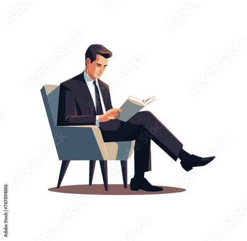 man in business suit reading book vector flat isolated illustration