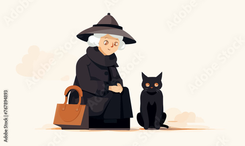 old woman with cat vector flat minimalistic isolated illustration