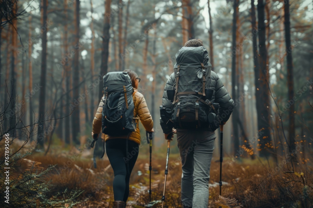 Naklejka premium Into the Woods: A couple treks through a misty forest, captured from a rear angle. They're equipped for adventure, venturing amidst towering trees.