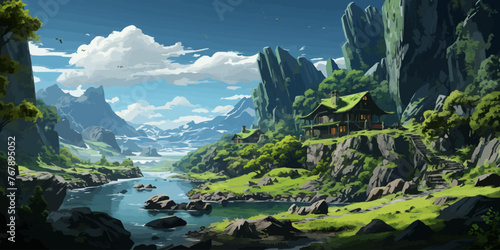 landscape painting of beautiful forest with sunlight,illustration