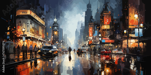 painting of modern urban city at night ,illustration --ar 4:2 --stylize 7 photo