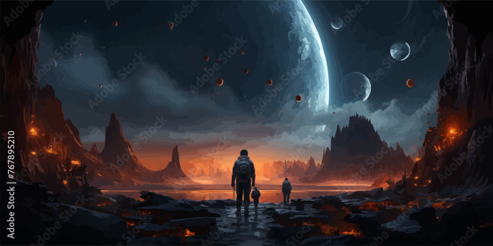sci-fi concept of astronauts walking to derelict spaceship on alien planet, illustration painting