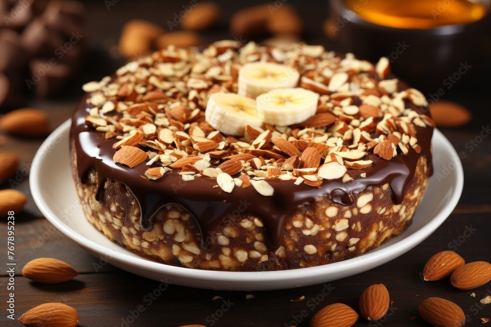 Banana dessert halves with almonds and chocolate, providing free space for additional text or copy Banana dessert halves with almonds and chocolate, providing free space for additional text or copy