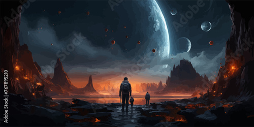 sci-fi concept of astronauts walking to derelict spaceship on alien planet, illustration painting