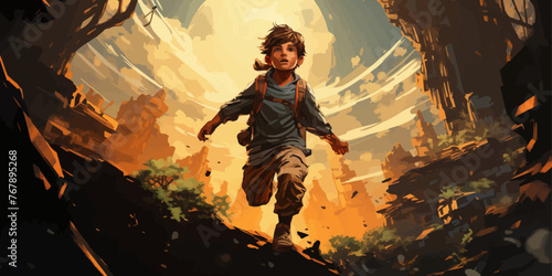 A kid jumping down from a rock in the forest, digital art style, illustration painting -