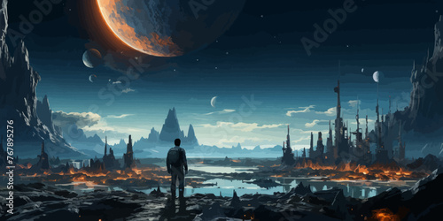 man watching over the city,illustration painting