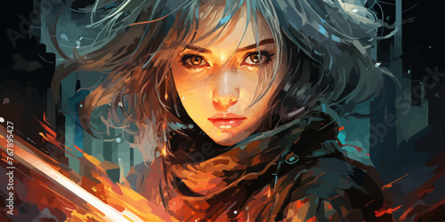 Portrait of anime cyber girls with huge light sword. Illustration in the retro style film. vector flat bright colors