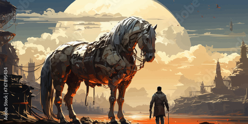 the man and his mechanized horse standing on rooftop building in futuristic planet, digital art style, illustration painting --ar 4:2 --stylize 750 --v 5.2 Jo