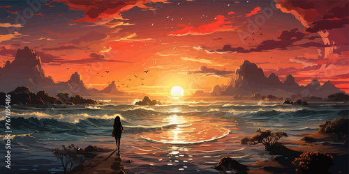 girl running barefoot to the beach at sunrise, digital art style, illustration painting