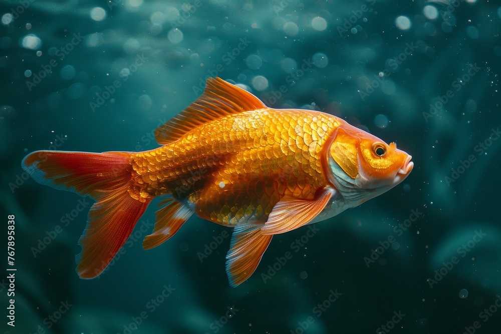 An orange goldfish with flowing fins swims gracefully in a tank filled with water An orange goldfish with flowing fins swims gracefully in a tank filled with water