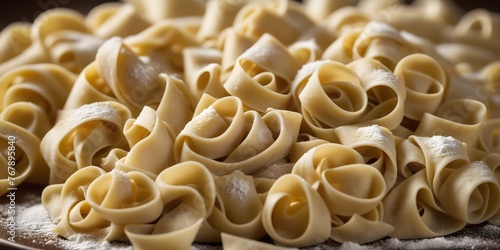 A Pile of Uncooked Pasta on a Wooden Table. A close-up view of a pile of uncooked elbow macaroni pasta on a light-colored wooden table. There is a slight dusting of flour on the pasta and the table 