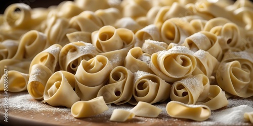 A Pile of Uncooked Pasta on a Wooden Table. A close-up view of a pile of uncooked elbow macaroni pasta on a light-colored wooden table. There is a slight dusting of flour on the pasta and the table 