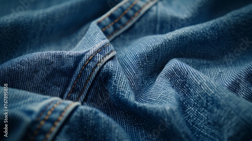 Close up of blue jeans cloth. Wrinkled surface. Cropped image.