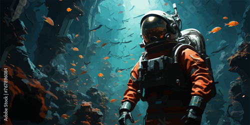 under water scene of the futuristic diver standing in a submerged town, digital art style, illustration paintin
