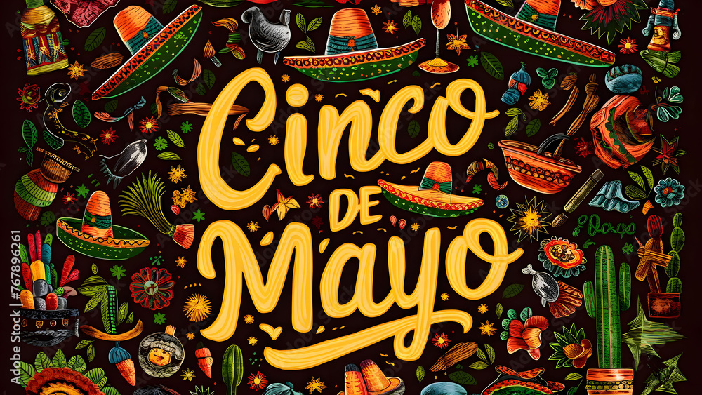Cinco De Mayo announcing poster template. Mexican style rich ornamented background