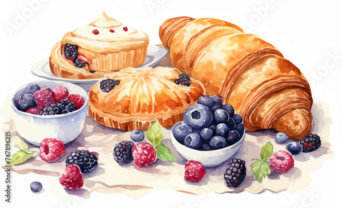 Watercolor pastries clipart croissant bagel bread cupcake pie cafe tea berries vector