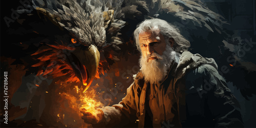 A man fighting with the legendary eagle, digital art style, illustration painting photo