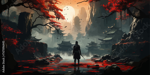 samurai standing in waterfall garden with swords on the ground, digital art style, illustration painting photo