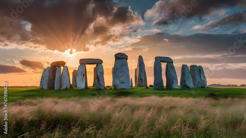 Sunset over the stone megalith photo