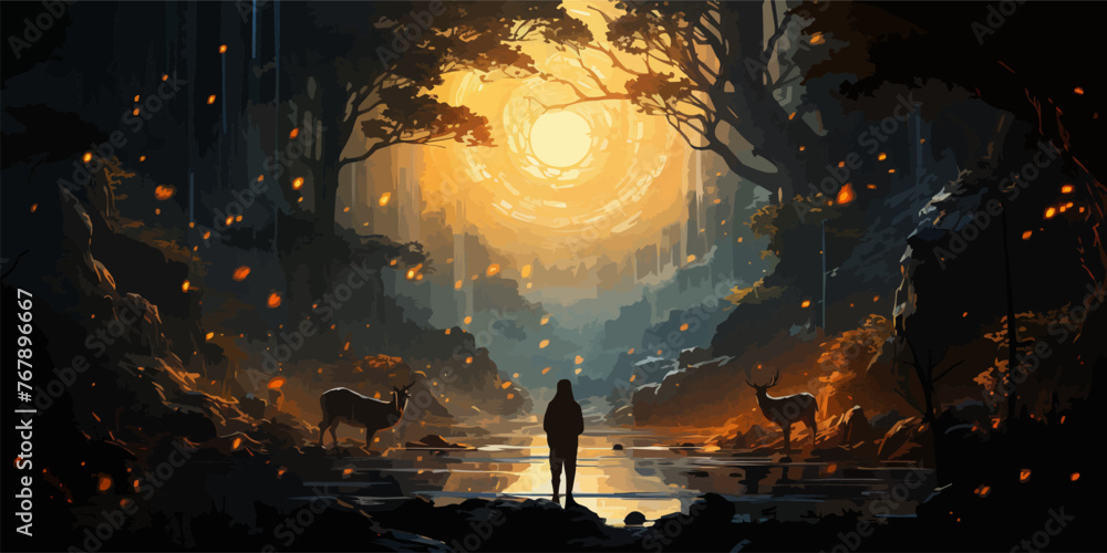 beautiful scenery showing the young boy standing among glowing planets and holding the star up in the night sky, digital art style, illustration painting - obrazy, fototapety, plakaty 