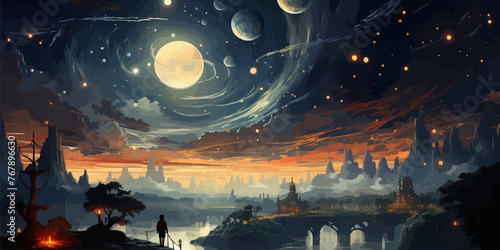 beautiful scenery showing the young boy standing among glowing planets and holding the star up in the night sky, digital art style, illustration painting