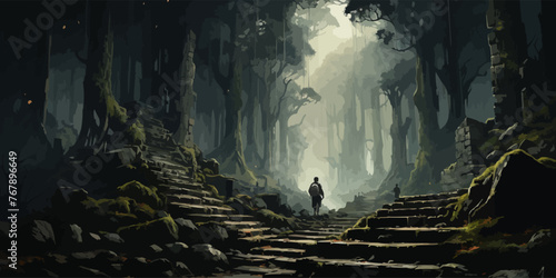 man climbing stone stairs in the mysterious forest, digital art style, illustration painting photo