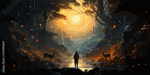 beautiful scenery showing the young boy standing among glowing planets and holding the star up in the night sky, digital art style, illustration painting photo
