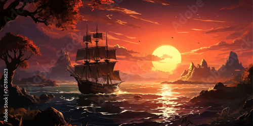 the pirate with a sword standing on ruins of boat and looking at golden treasures at sunset, digital art style, illustration painting