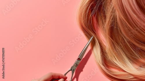 Over a pink backdrop, a hairdresser's hand is trimming a lady's hair which is brown color silky straight shiny and space, Generative AI.